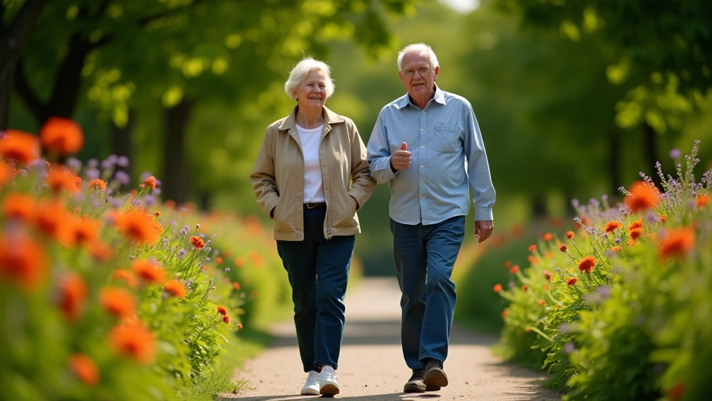 Seniori staigā botāniskajā dārzā, vērojot dekoratīvus augus