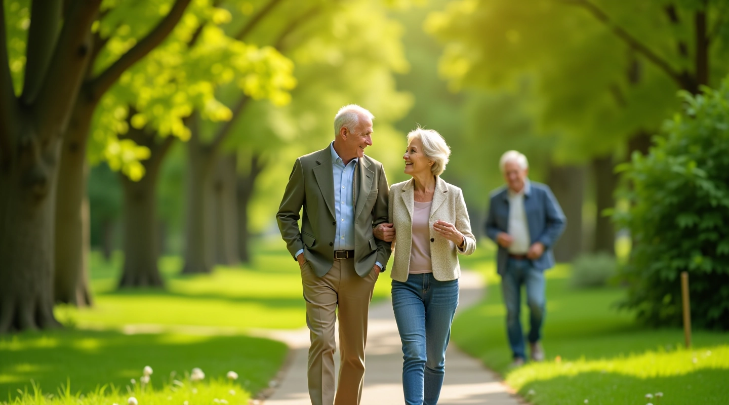 Seniori pastaigā pilsētas parkā ar zaļajiem koridoriem un dārziem