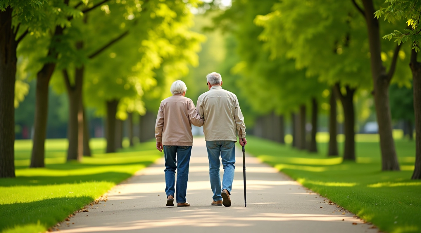 Seniori pastaigājas zaļā parkā ar soļiem un atsevišķiem kokiem