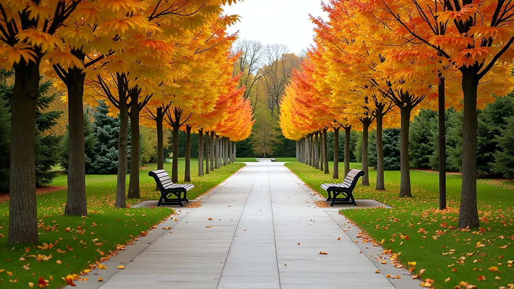 Skaists pilsētas parks ar ceļu, rudens lapas un soļiem