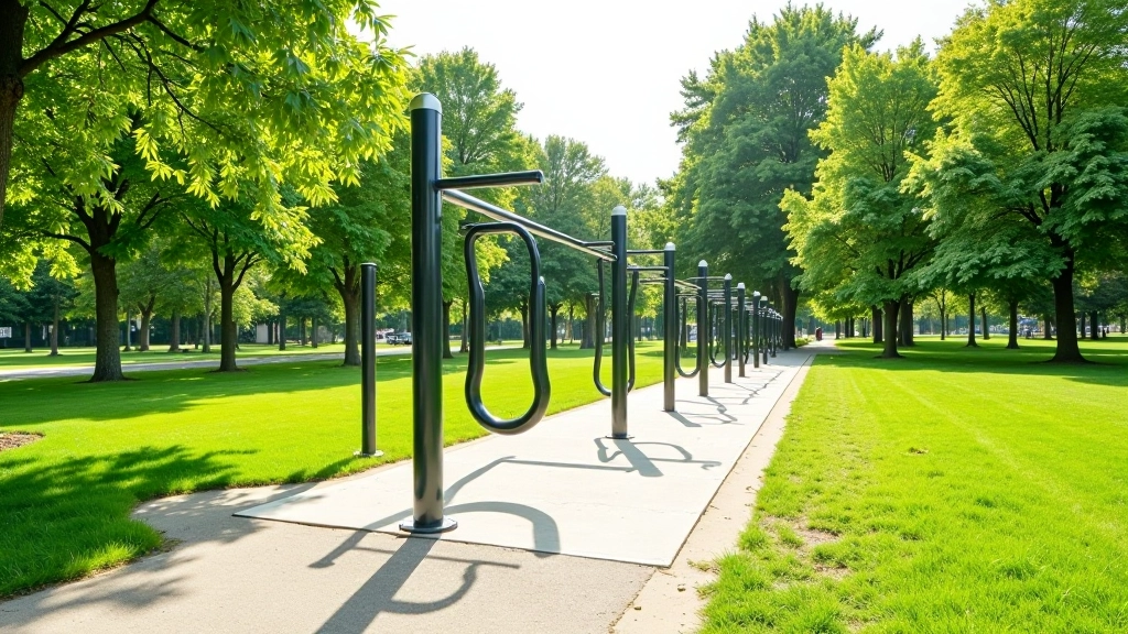 Vairākas fitnesa stacijas parkā, skats uz dažādiem trenažieriem